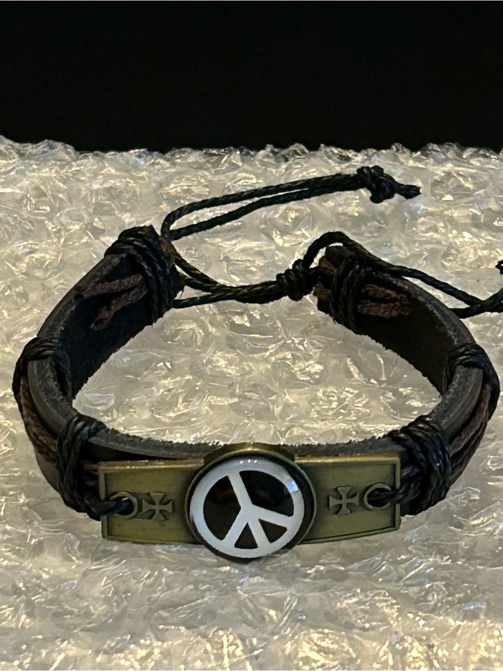 Men's Brown or Black Leather Peace Sign Adjustable Bracelet wAntique Metal Plate
